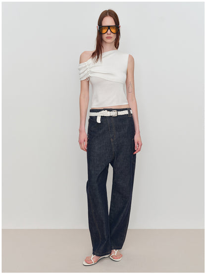 Asymmetric Drawstring Ruched One-Shoulder Blouse