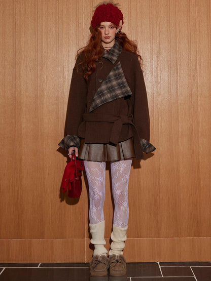 Plaid Panel Belted Wool-Blend Jacket