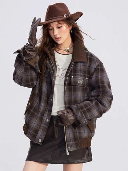 Melange Wool-Blend Quilted Plaid Jacket