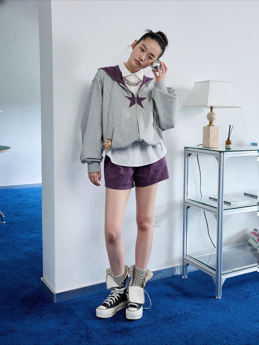 Star Patch Oversized Zip-up Hoodie