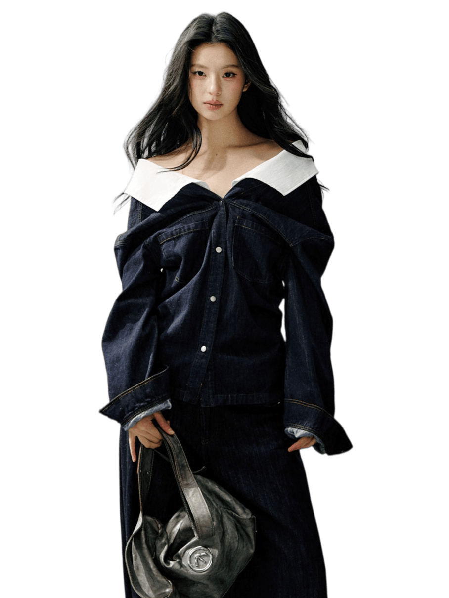 Off-Shoulder Denim Long Sleeve Shirt