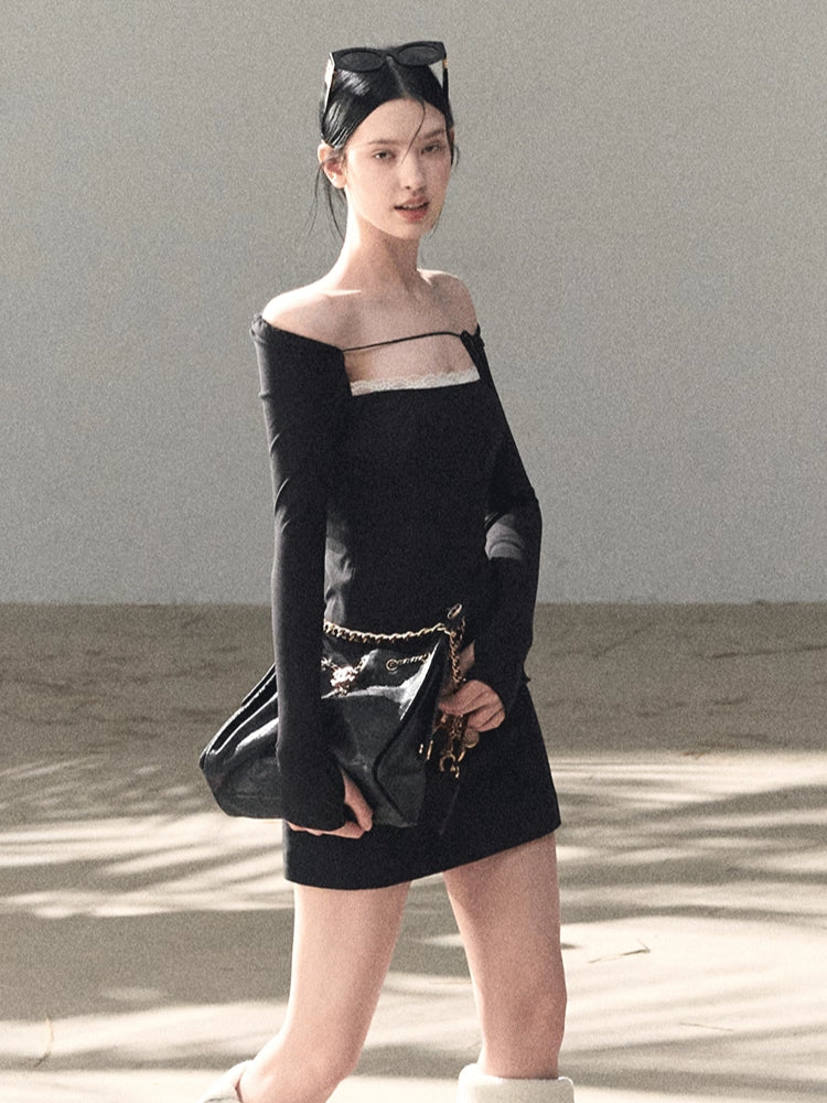 Slim-Fit Black Waist-Cinched Long-Sleeve Dress