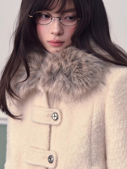 Wool-Blend Fur-Collar Short Down Jacket