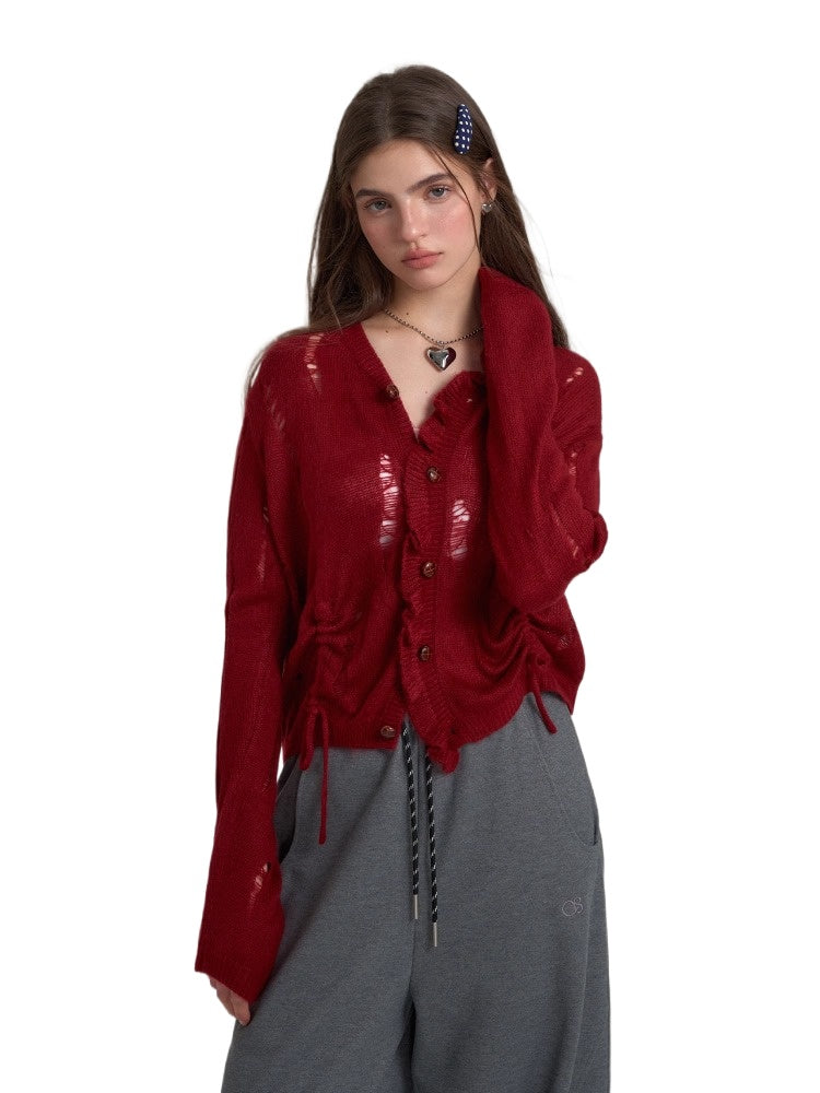 Red Pleated Knit Cardigan