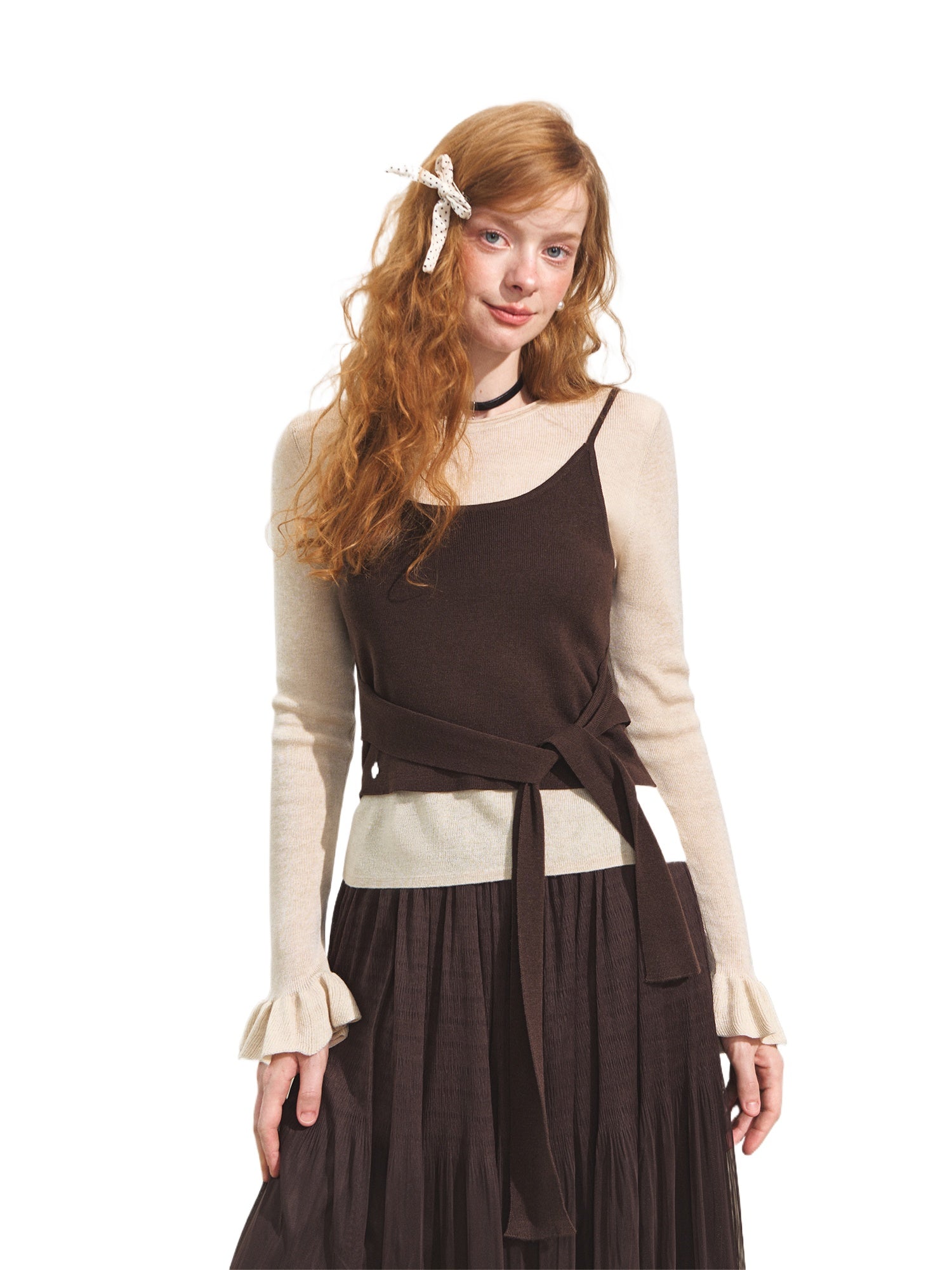 Contrast-Tie Layered Crewneck Knit Sweater