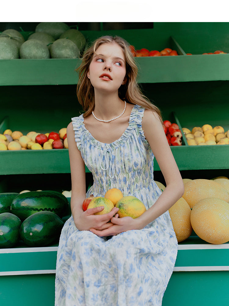 Blue Floral Lace-trimmed Spaghetti Strap Dress