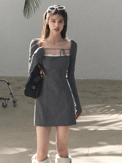 Slim-Fit Black Waist-Cinched Long-Sleeve Dress