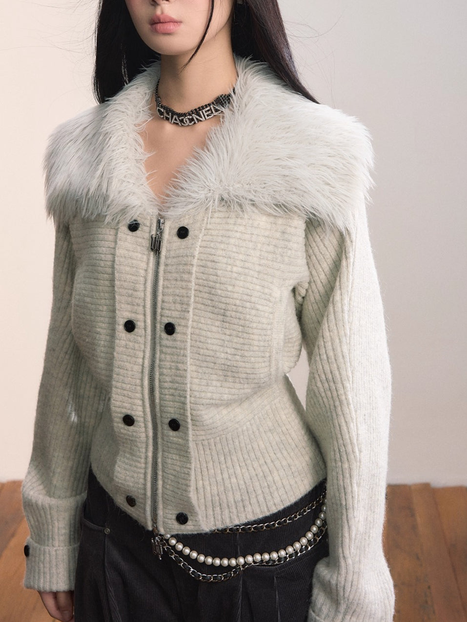 Faux Fur Collar Knit Jacket