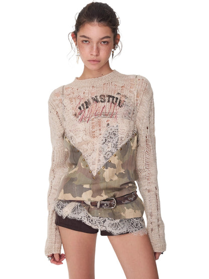 Camouflage V-Neck Lace-Trim Rhinestone Camisole