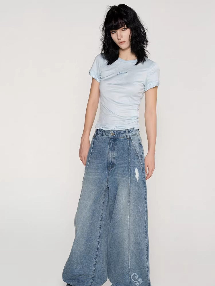 Laser Logo Seam Wide-Leg Denim Pants