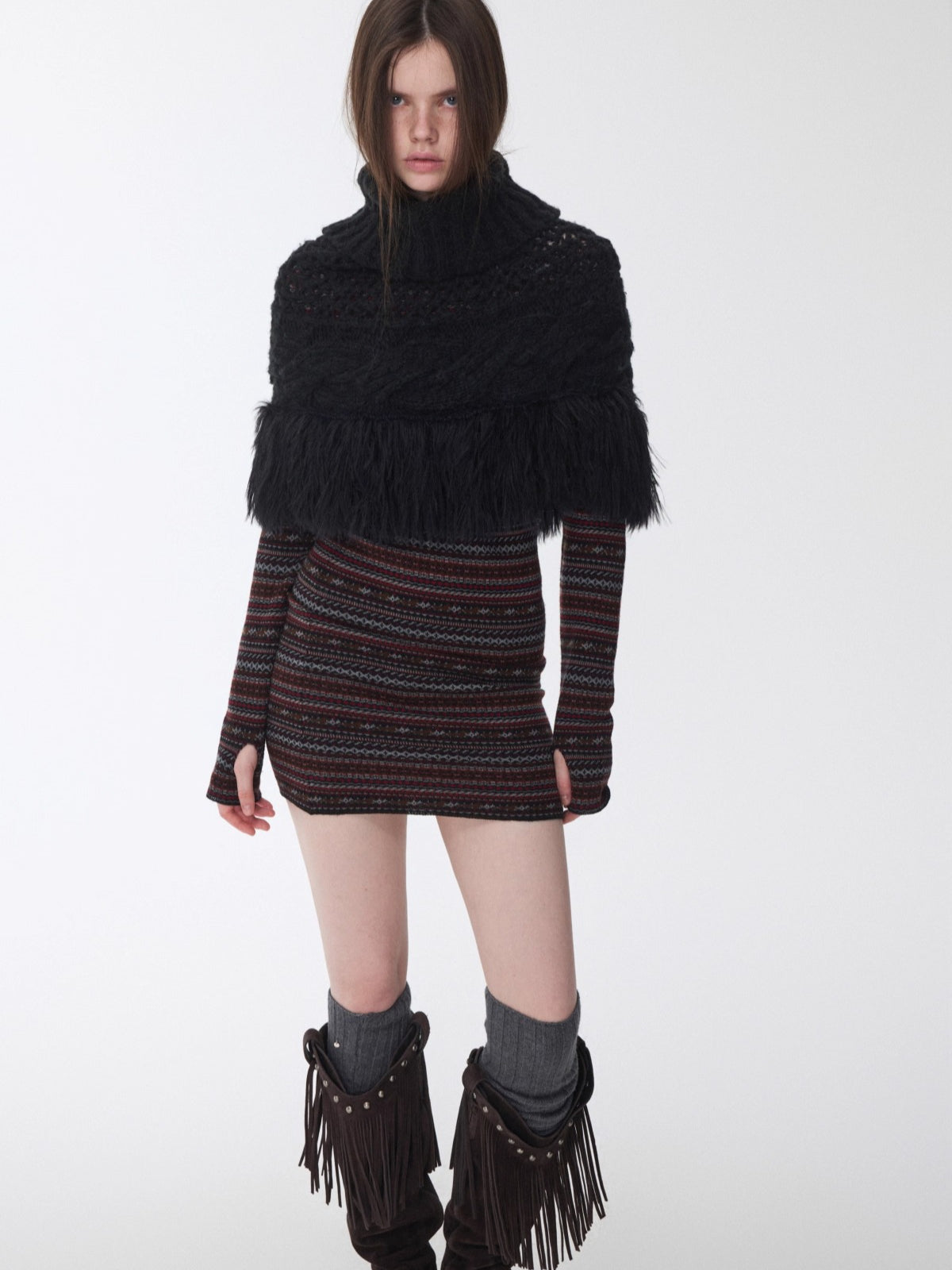 Cable Knit Fringed High-Neck Wool Blend Poncho