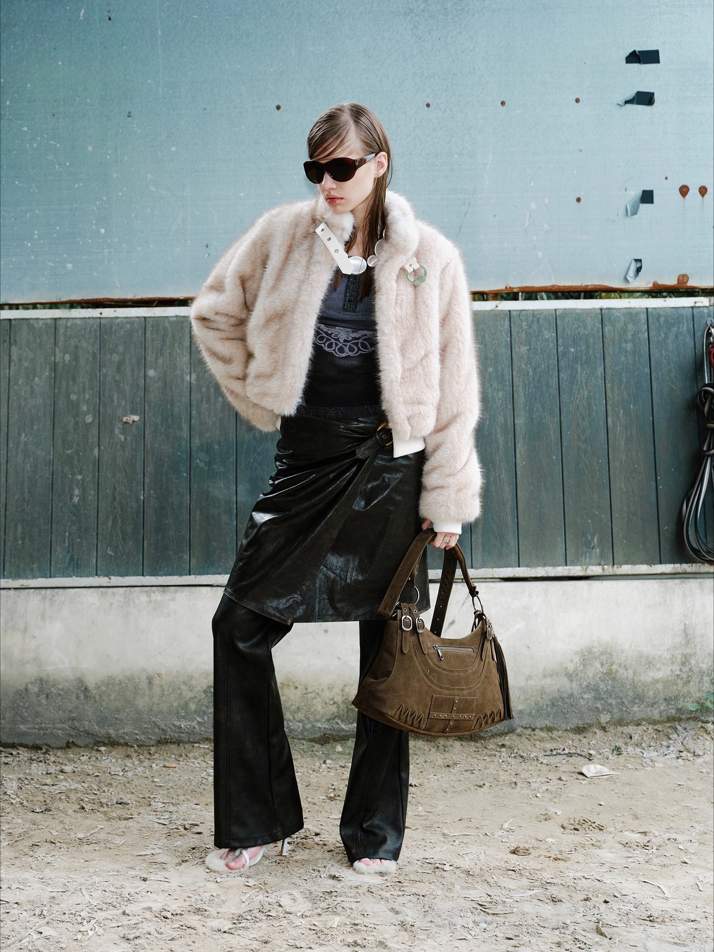 Metal-Buckle Stand Collar Faux Fur Coat