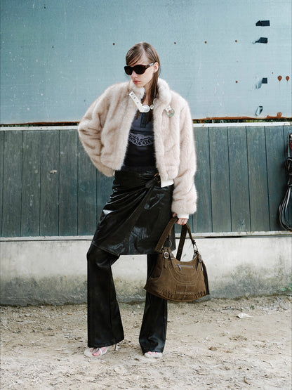 Metal-Buckle Stand Collar Faux Fur Coat