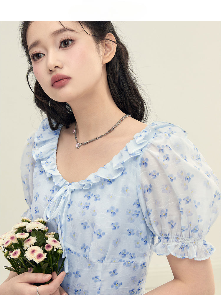 Blue Floral U-neck Dress