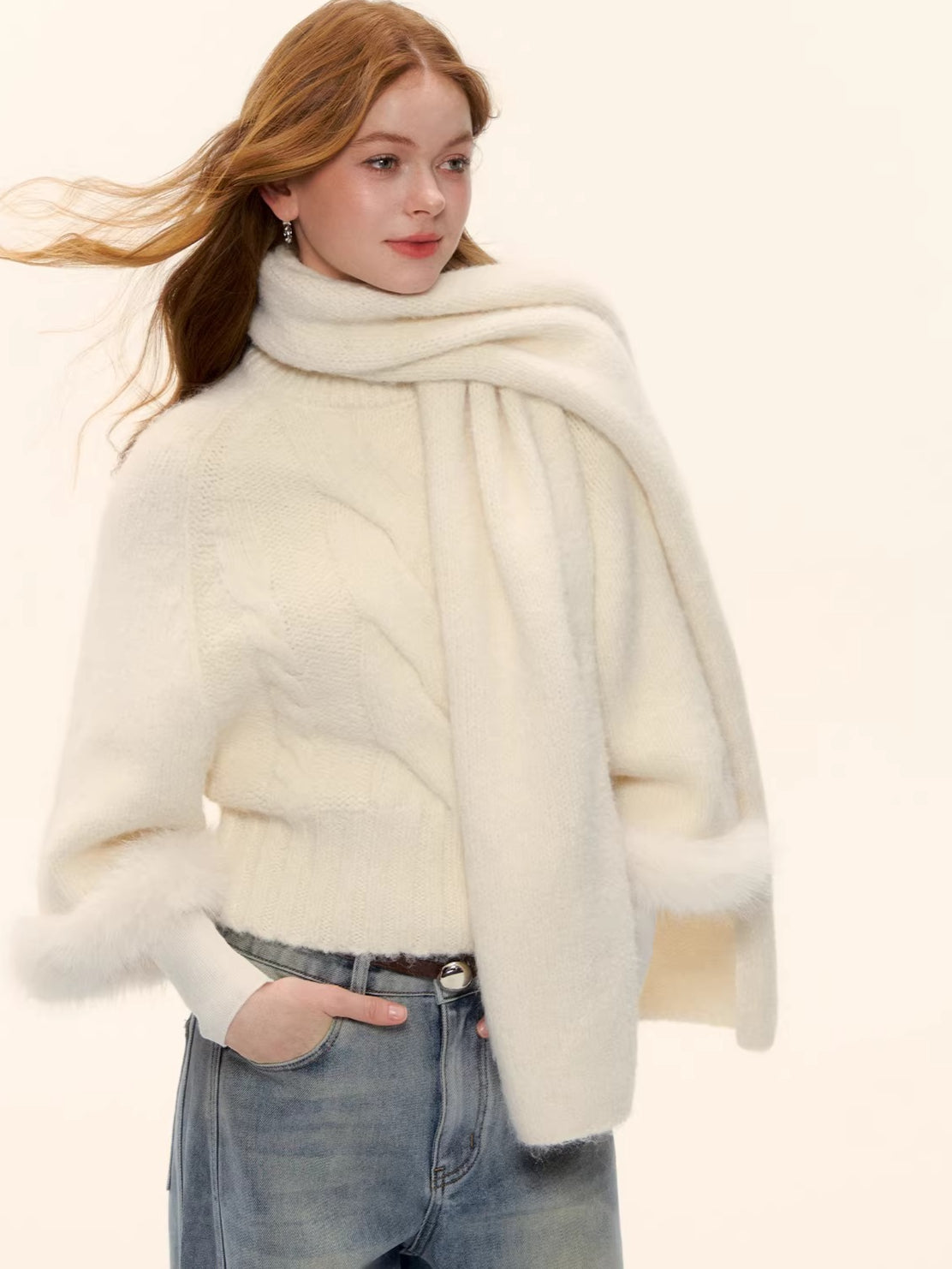 Wool-Blend Cable-Knit Batwing Scarf Sweater