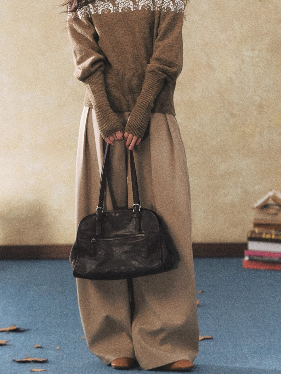 Khaki Relaxed Straight-Leg Wide Trousers