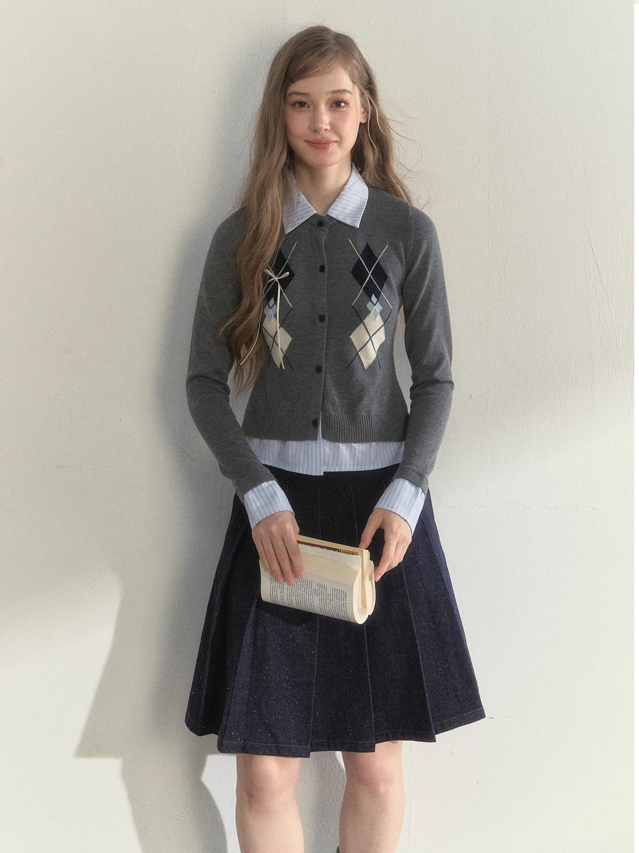 Layered Argyle Shirt Collar Knit Cardigan