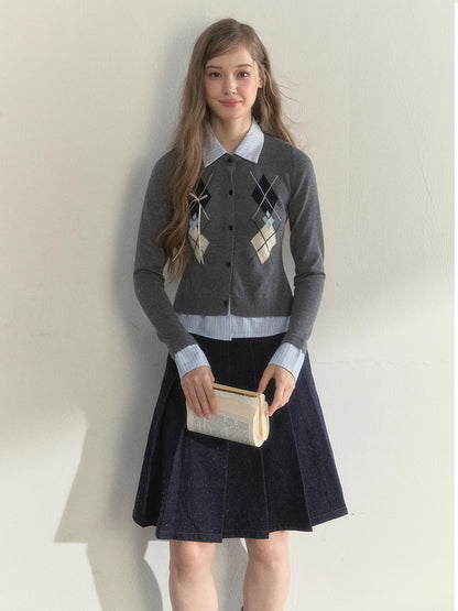 Layered Argyle Shirt Collar Knit Cardigan