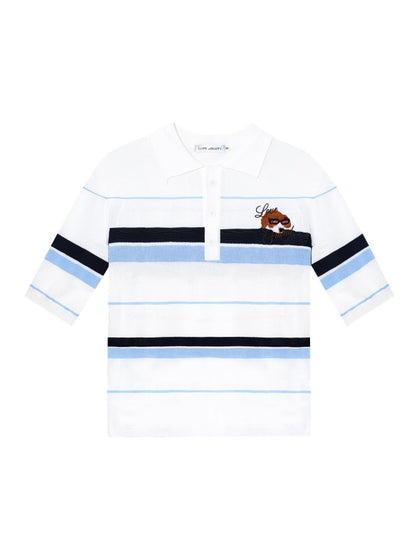Embroidered Striped Knitted Short-sleeve Polo Shirt - CHINASQUAD