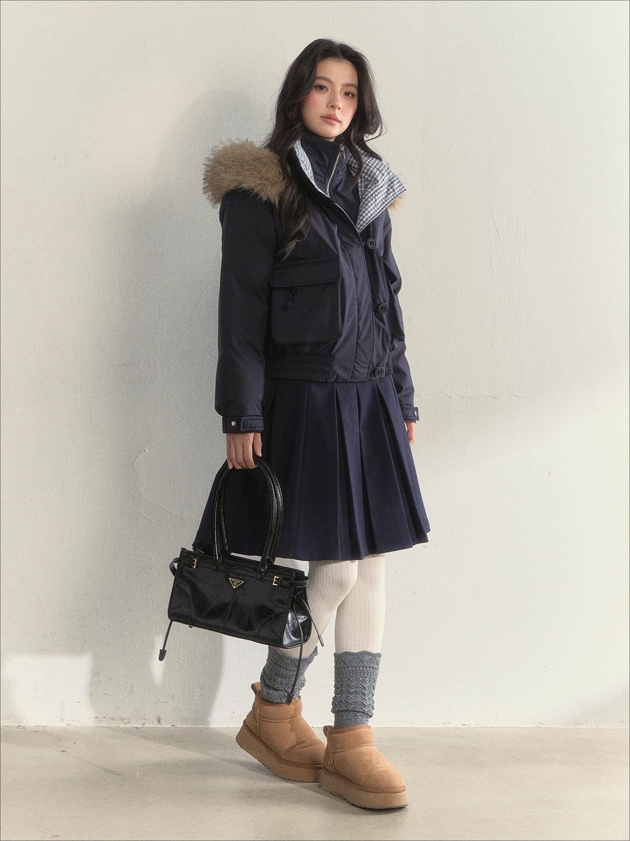 Glacier Blue &amp; Navy Plaid Panel Down Jacket