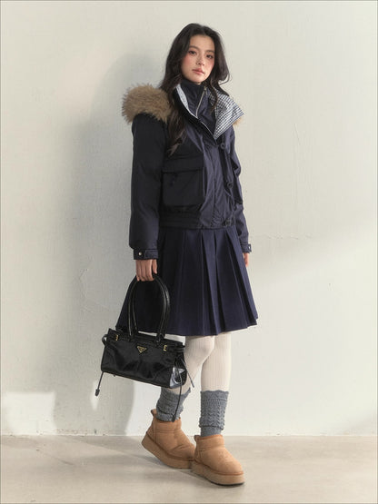 Glacier Blue &amp; Navy Plaid Panel Down Jacket