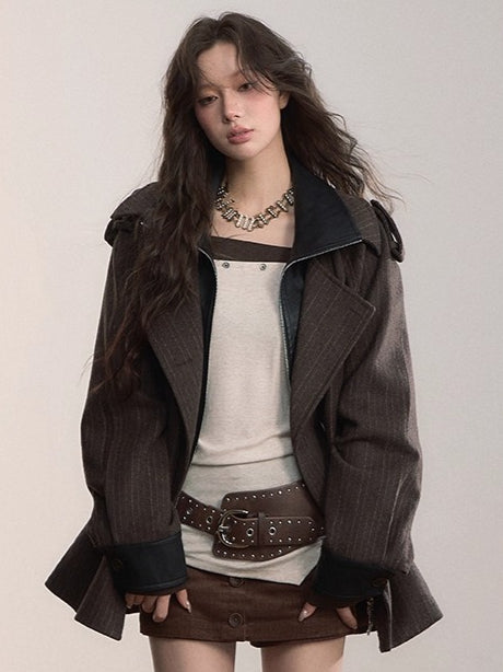 Contrast Faux-Layer Double-Breasted Wool-Blend Jacket - CHINASQUAD