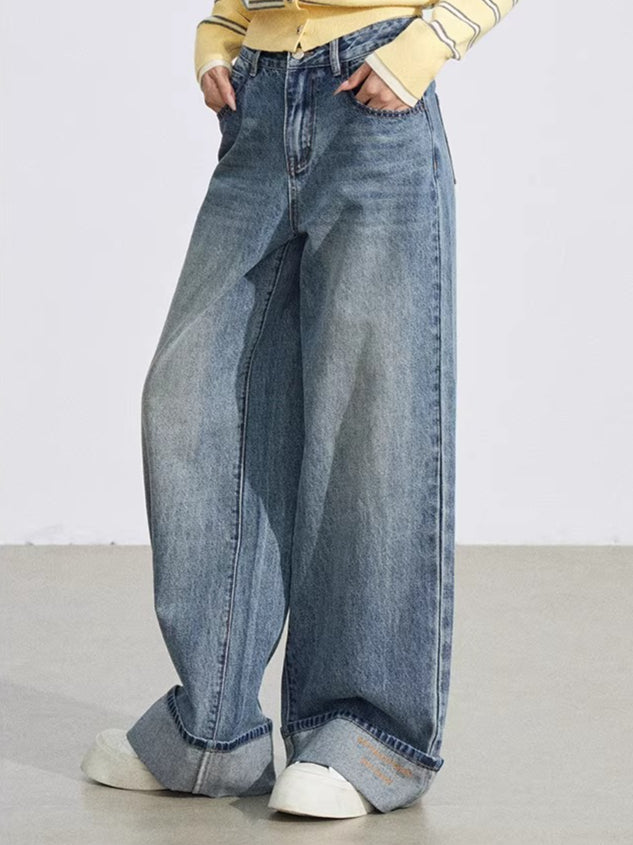 Vintage Wash Embroidered Wide-Leg Jeans