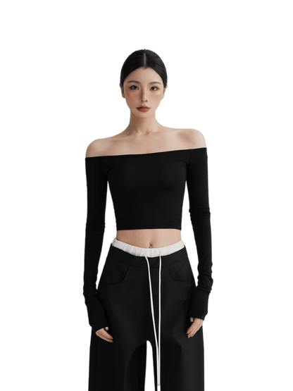 Off-Shoulder Cropped Fitted Long Sleeve T-Shirt