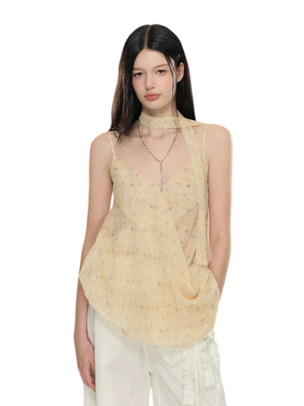 Asymmetric Ribbon Tie Sheer V-Neck Camisole