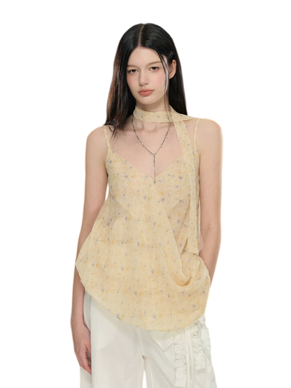 Asymmetric Ribbon Tie Sheer V-Neck Camisole