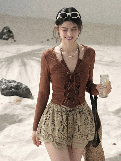 Soft Sand Ruched Tie-Front Cardigan