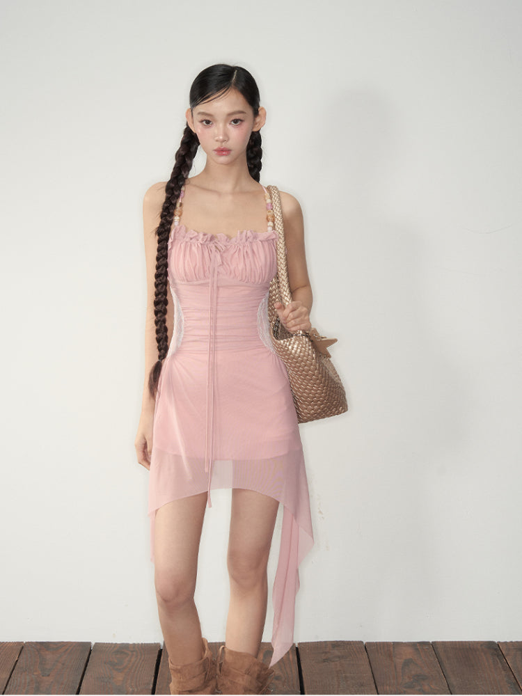 Elastic Mesh Printed Beaded Dress