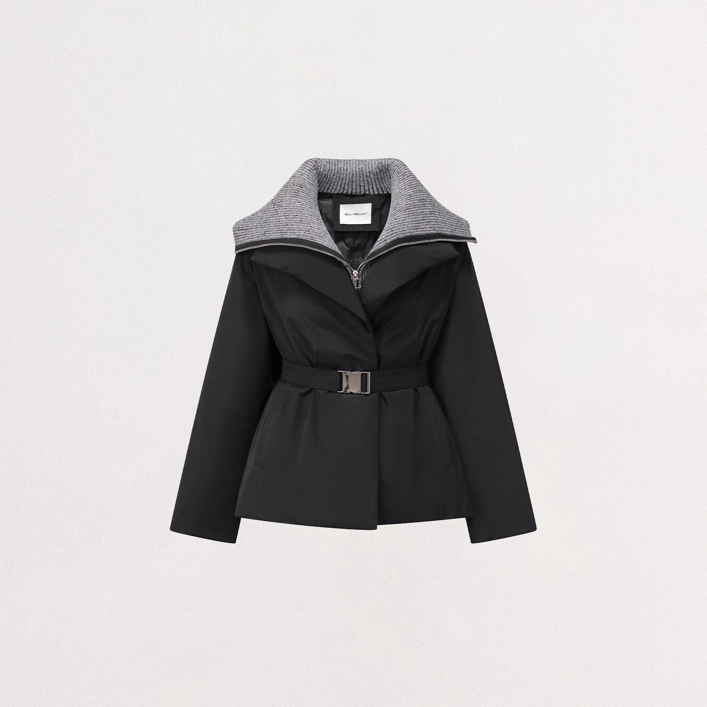 Belted Contrast-Knit Collar Down Coat