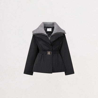 Belted Contrast-Knit Collar Down Coat