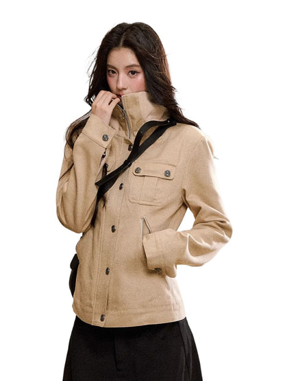 Vintage Suede Stand-Collar Fitted Jacket