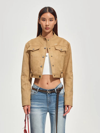 Soft Faux Suede Stand-Collar Cropped Jacket