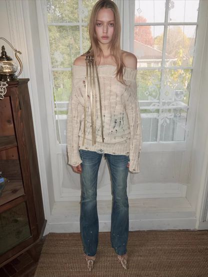 Off-Shoulder Belt Distressed Cable Knit Sweater