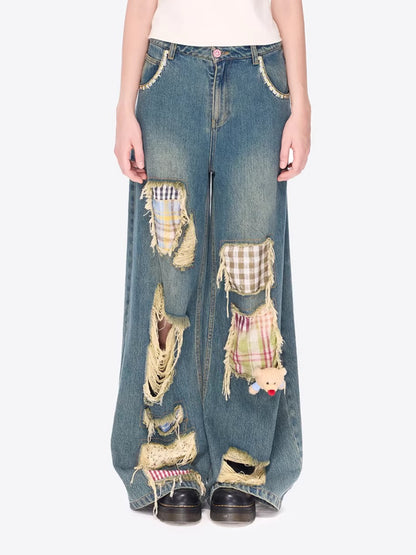 Distressed Plaid Straight-Leg Wide Jeans