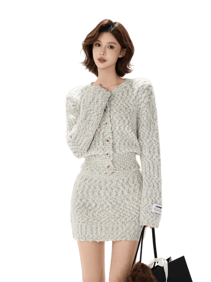 Knit Cardigan &amp; Mini Skirt Tweed-Style Set