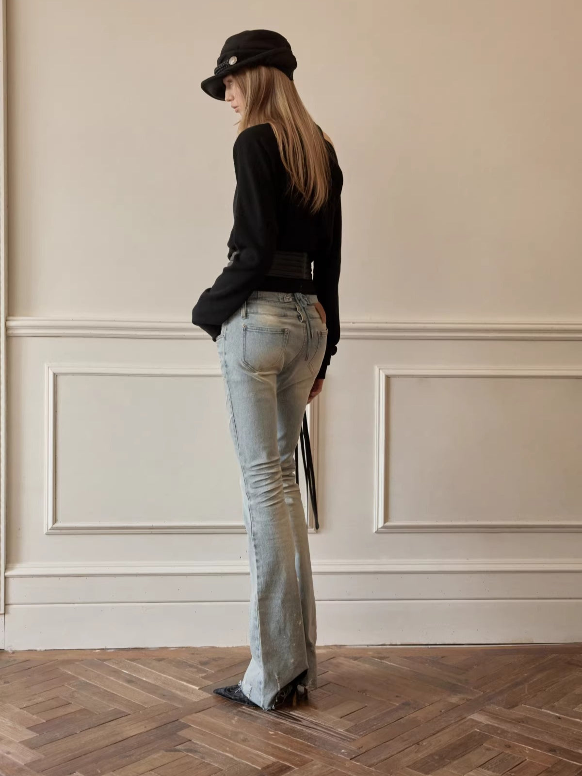 High-Waist Belted Slight-Flare Jeans