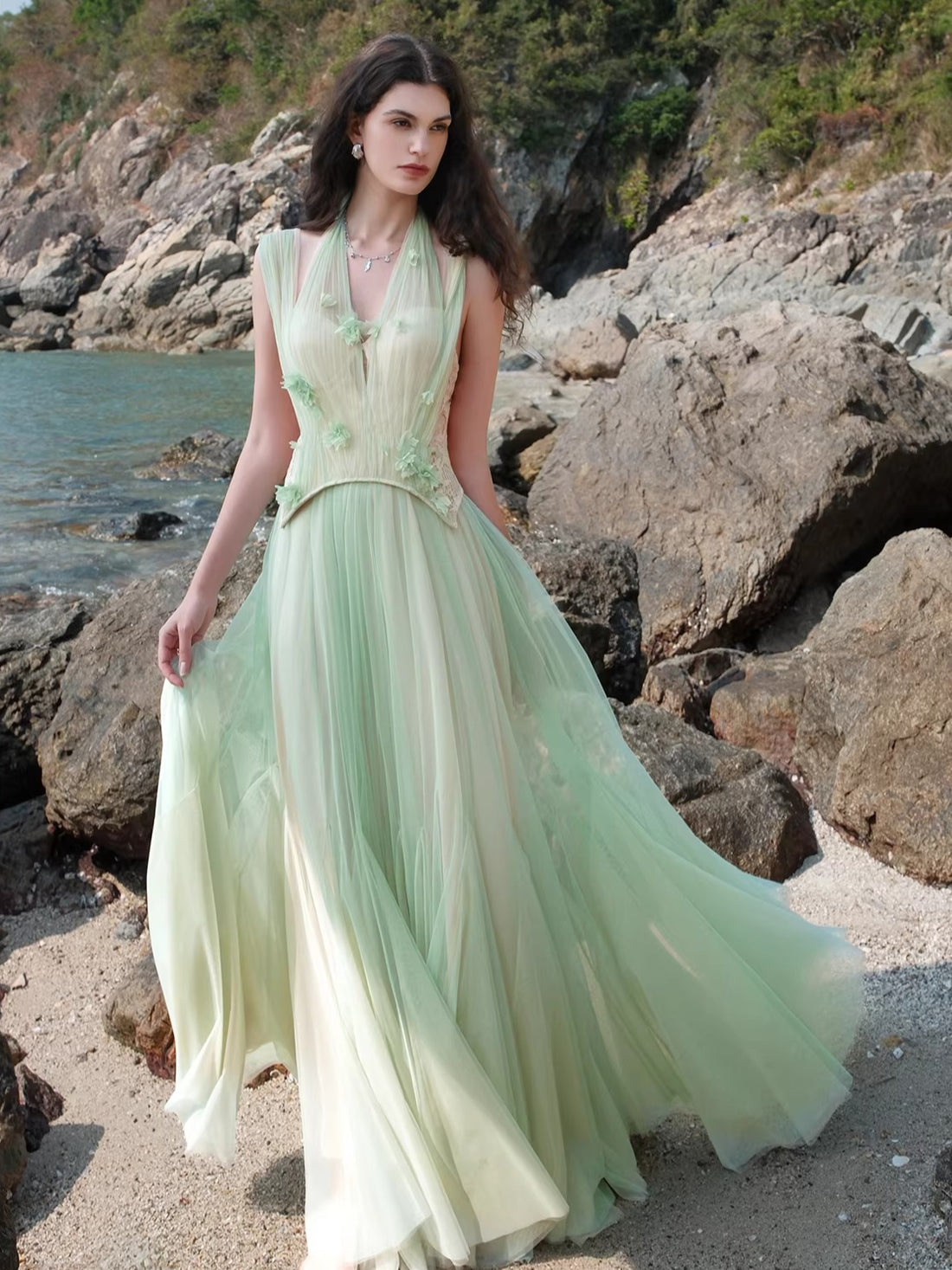 Heavy Lace Halter Corset Mesh Maxi Dress