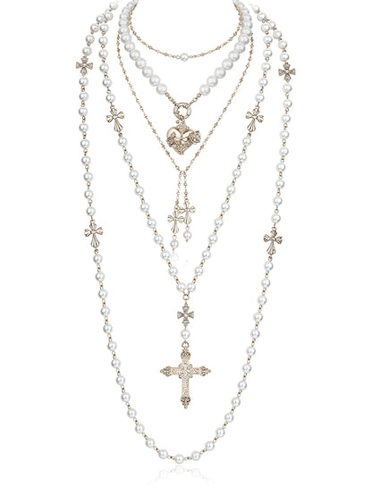 Layered Punk Heart Pearl Cross Long Necklace