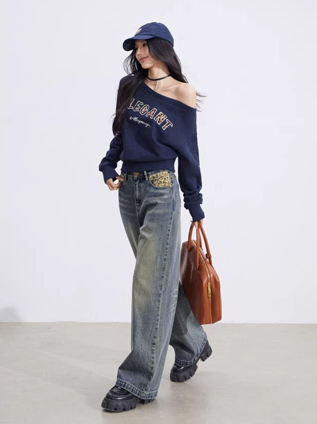 Off-Shoulder Letter-Print Cropped Sweatshirt