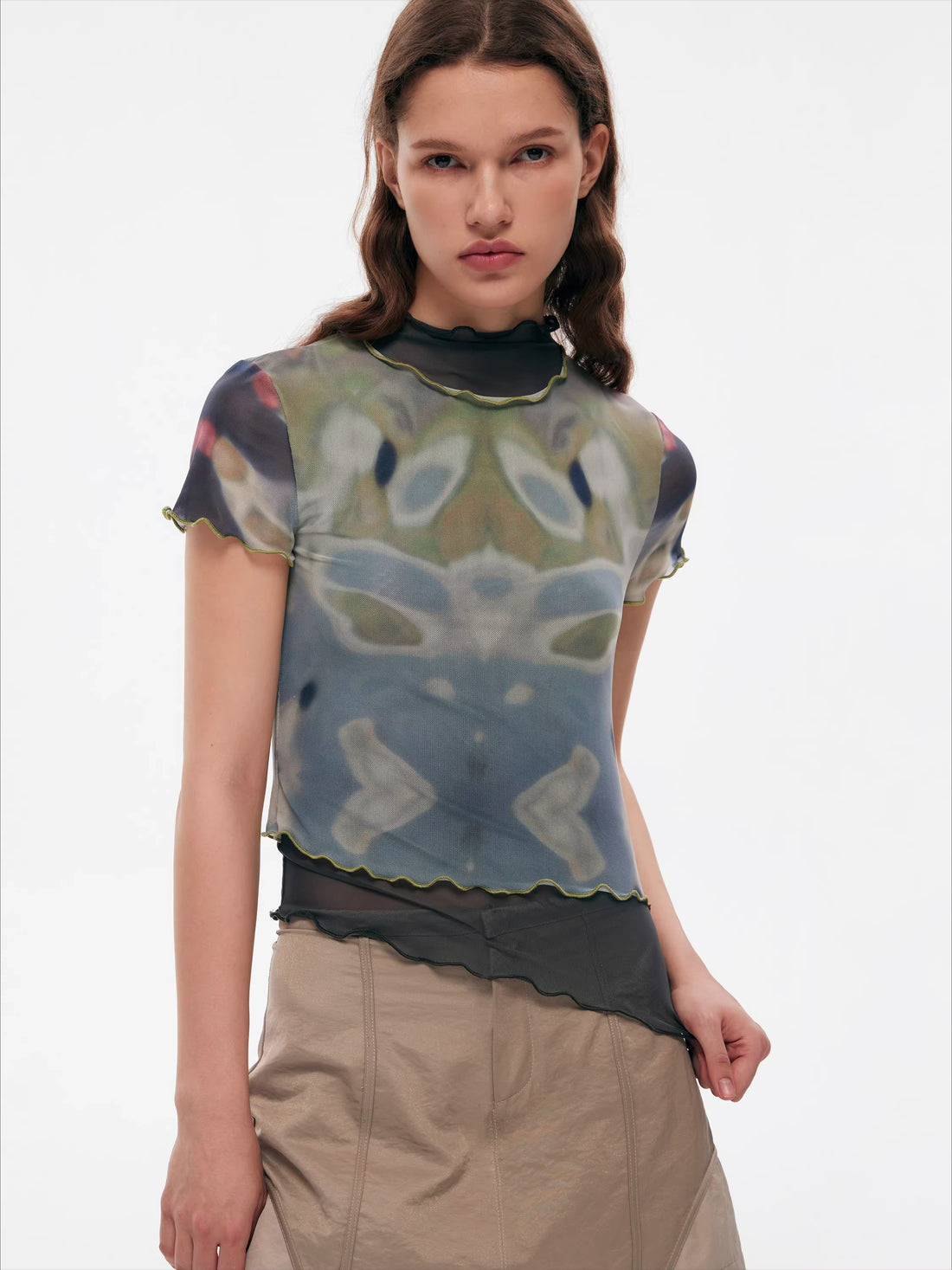 Designer Tie-Dye Sheer Mesh Fitted T-Shirt