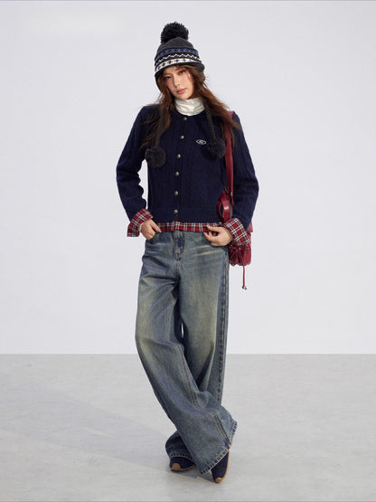 Plaid Patchwork Knit Cardigan