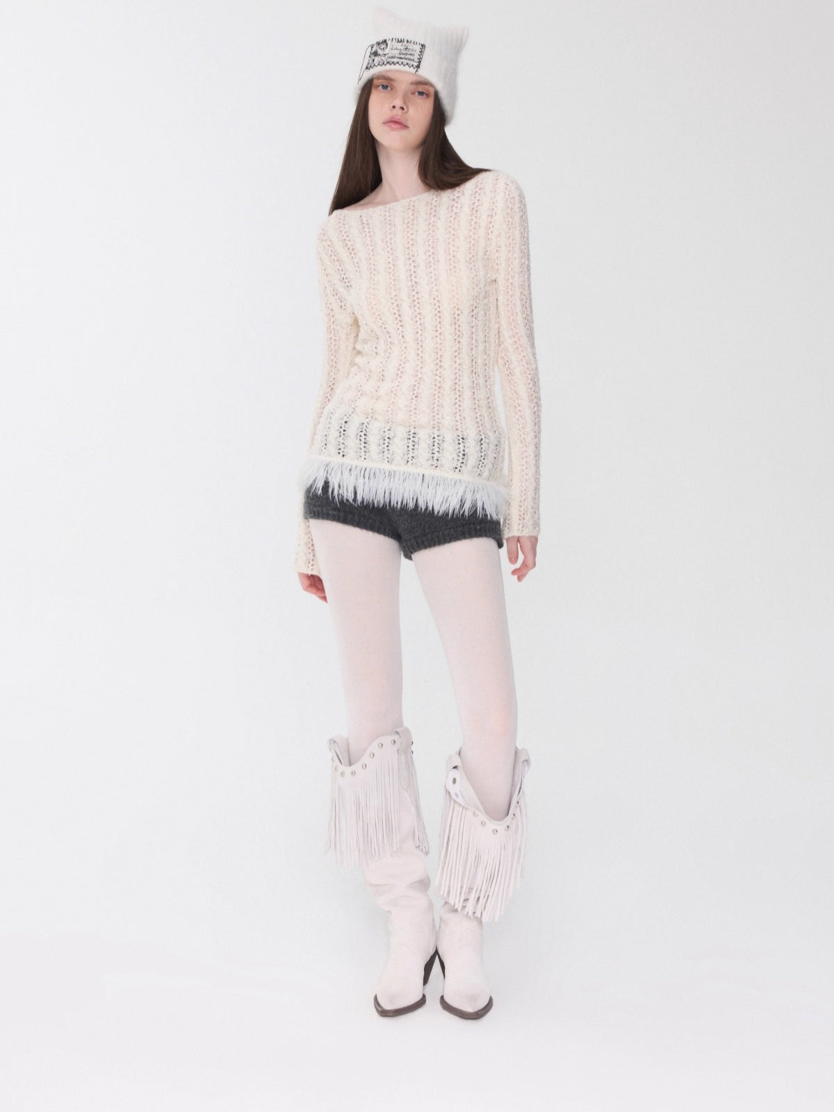 Cable-Knit Faux-Fur Trim Fitted Sweater