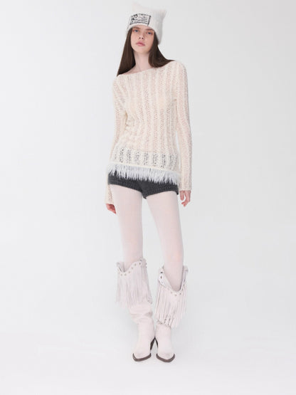 Cable-Knit Faux-Fur Trim Fitted Sweater