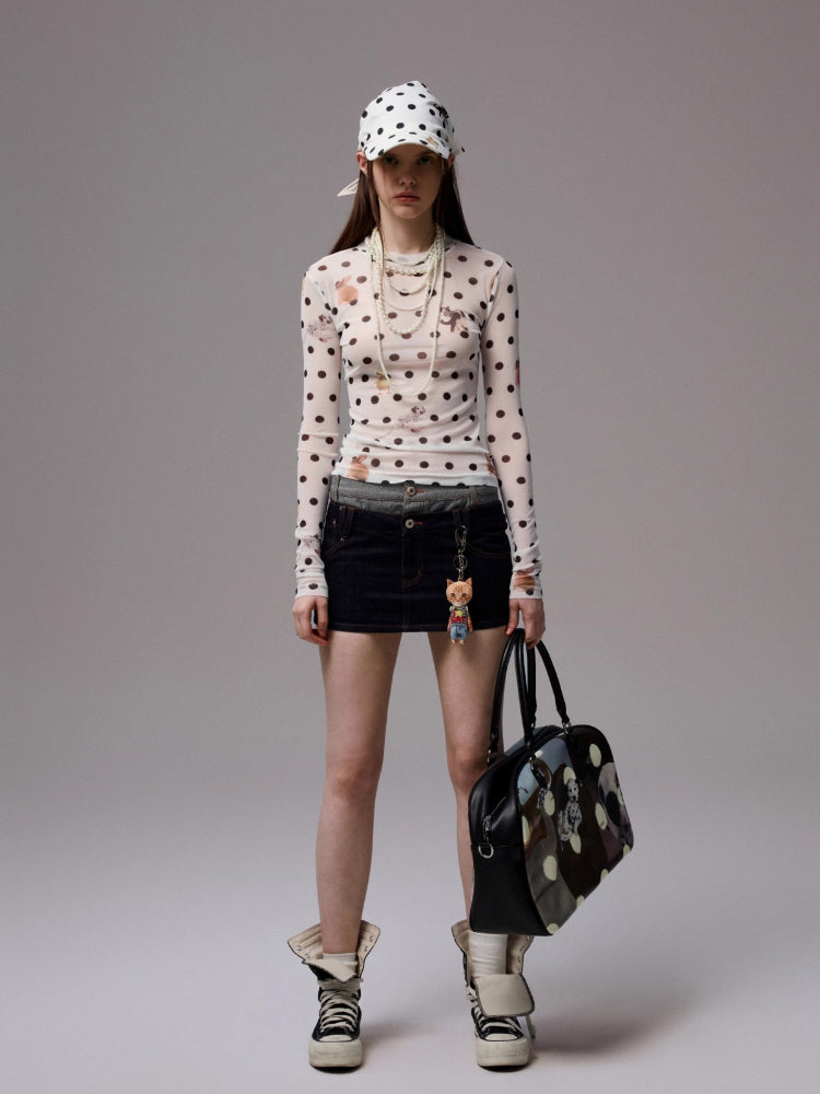 Polka Dot Pet Print Mock Neck T-Shirt