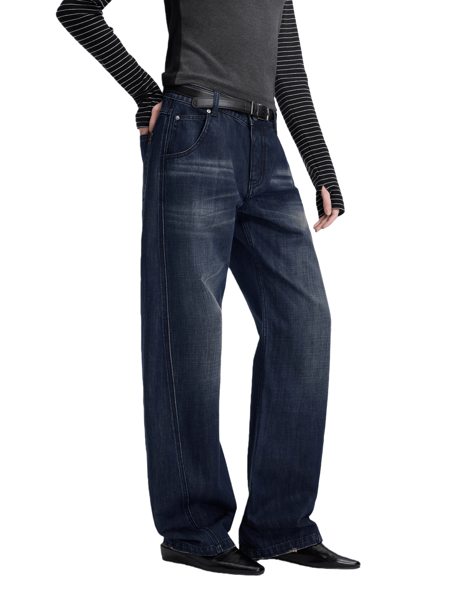 Washed Panel-Detail Curved Denim Pants