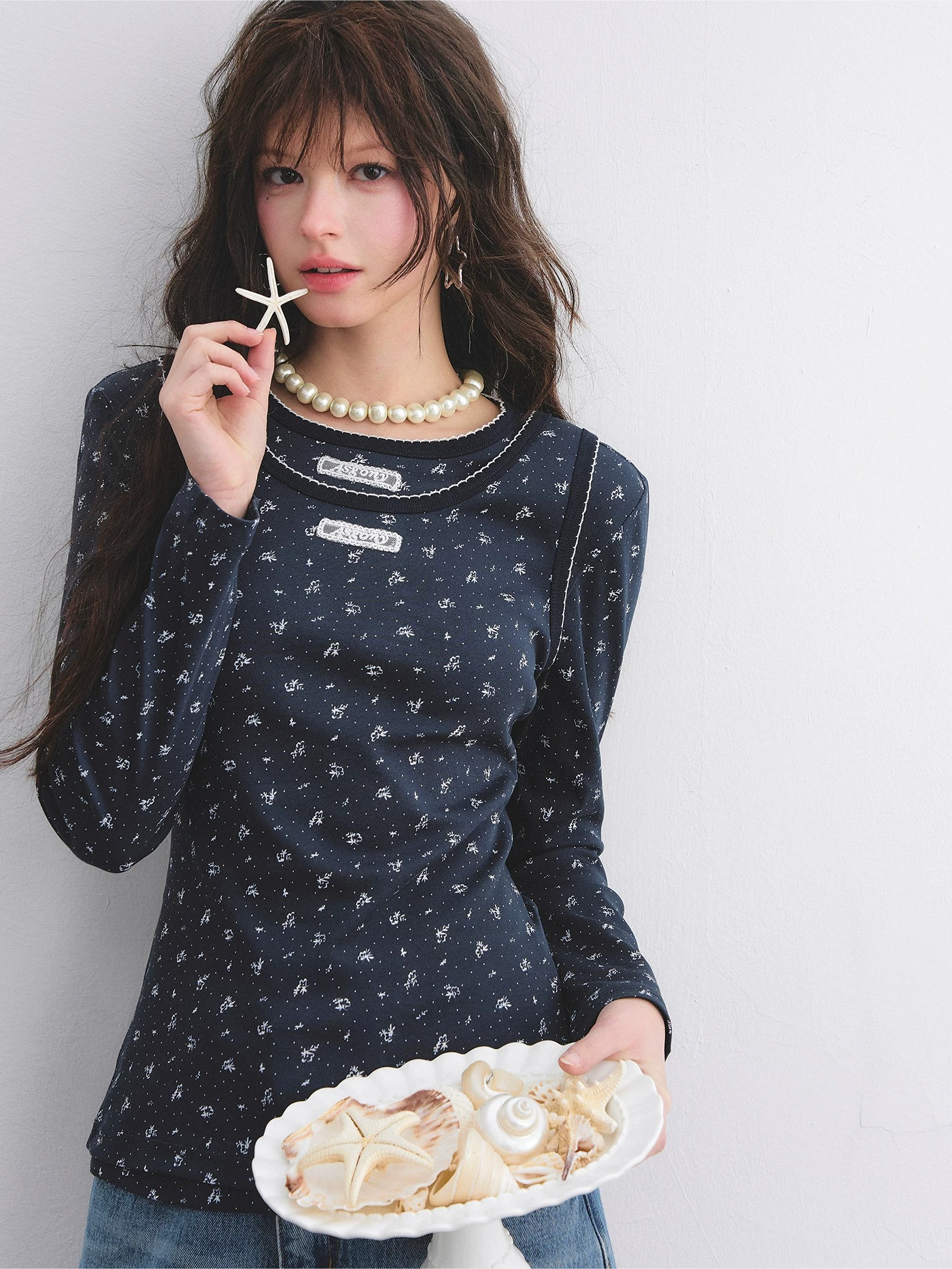 Vintage Floral Trim Long Sleeve Layered Top Set
